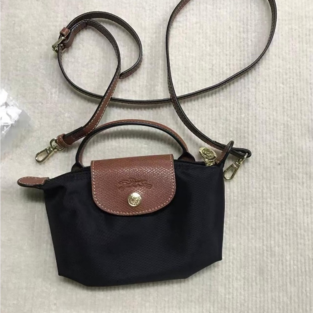 Longchamp Black Crossbody with Brown Leather Trim - Mini Le Pliage Style